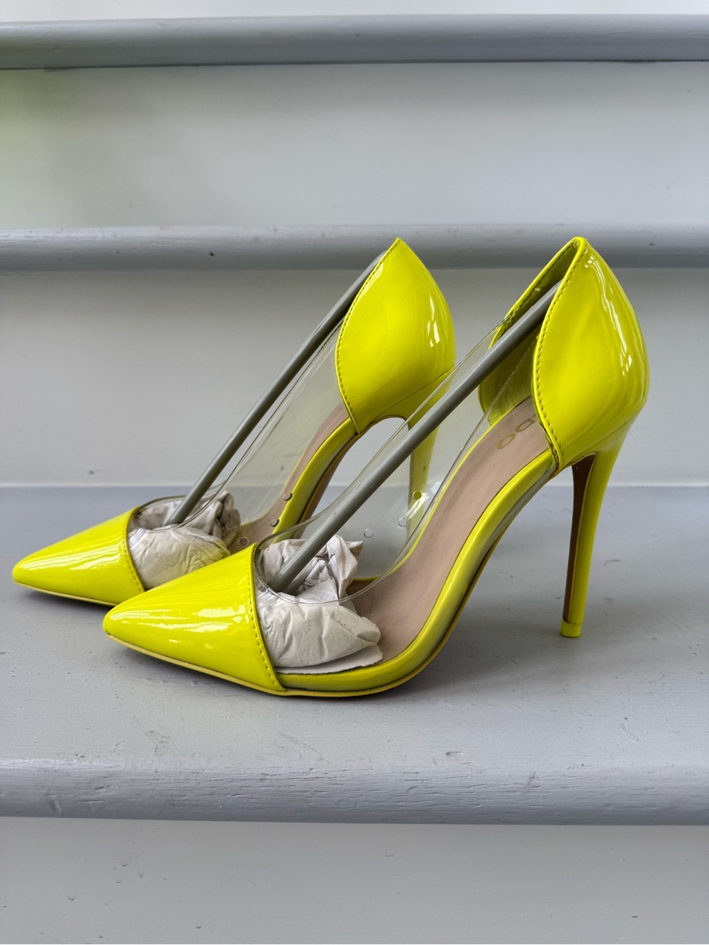 Women’s Neon Yellow Pointed Toe Clear Panel Stiletto Heels